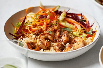 Rainbow salad with Cajun prawns