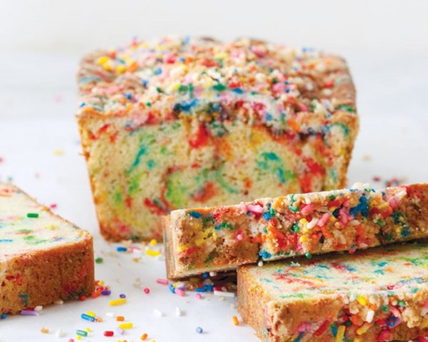 Rainbow sprinkle bread with birthday cake crumb topping