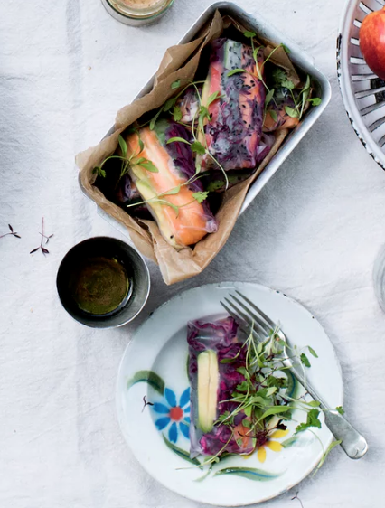 Rainbow summer rolls with brown sugar tofu and almond miso dip