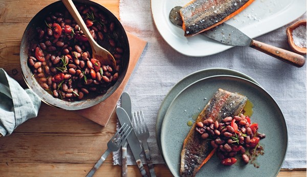 Rainbow trout with red wine and borlotti beans