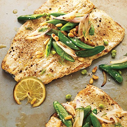 Rainbow trout with seared sugar snaps