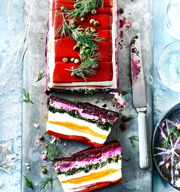 Rainbow veg and whipped feta terrine
