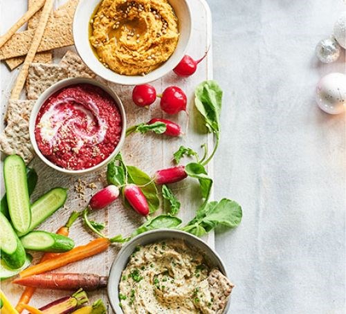 Rainbow winter dips and crudités