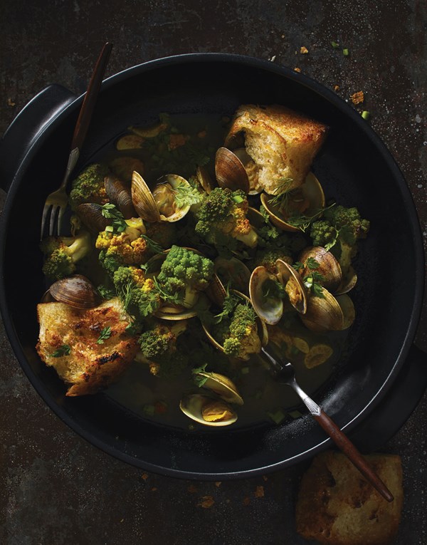 Rainier beer, Romanesco, and ras el hanout Manila clams