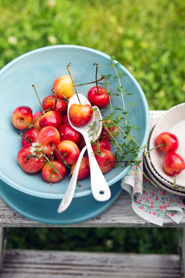 Rainier cherry tart with lime and lemon thyme