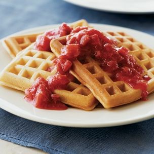 Raised waffles with strawberry-rhubarb compote