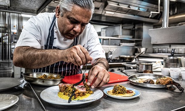 Rajasthani soola spiced rack of lamb with corn sauce, sangri and hot garlic chutney