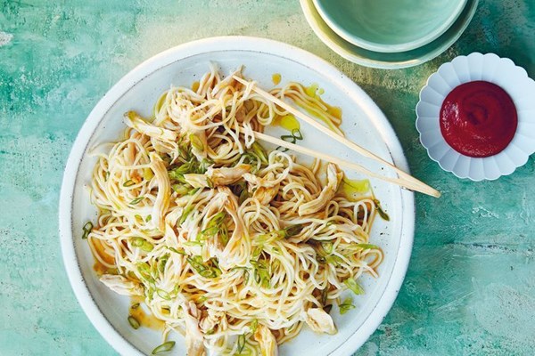 Ramen noodle salad with chicken, ginger and spring onion