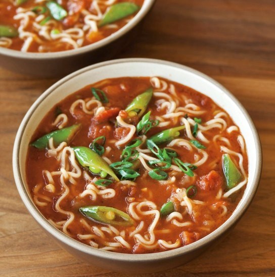 Ramen noodle soup with sugar snap peas