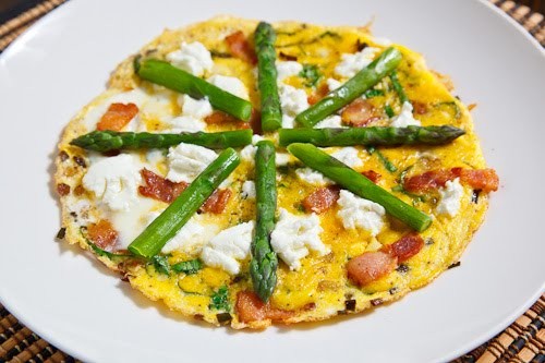 Ramp and bacon omelette with asparagus and goat cheese