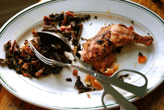 Ramp jerked chicken with roasted ramps and kale