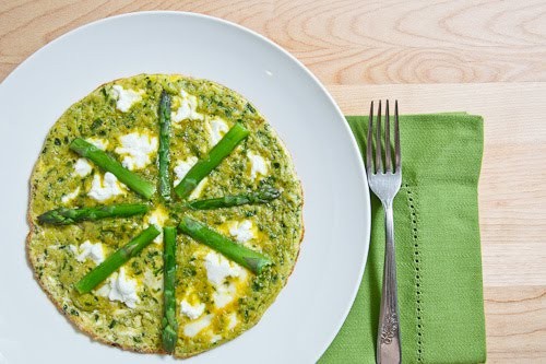 Ramp pesto omelette with asparagus and goat cheese