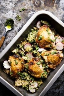 Ramp pesto with seared chicken, radish, and bread salad