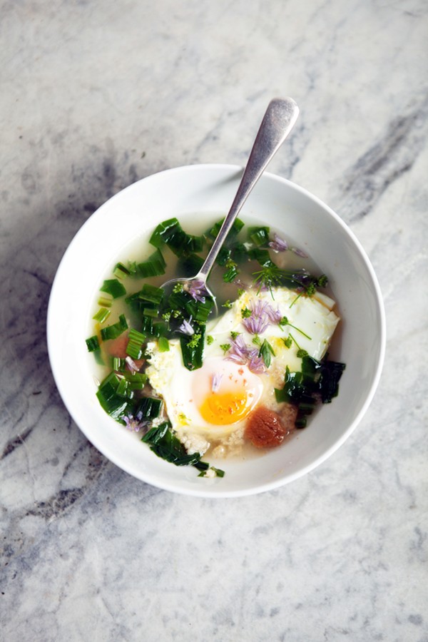 Ramp soup with poached eggs