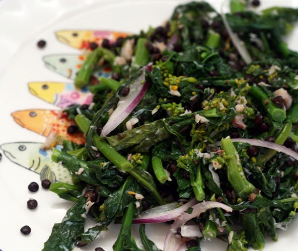Rapini, smoked trout and beluga lentil salad