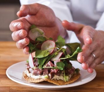 Rare beef tostada