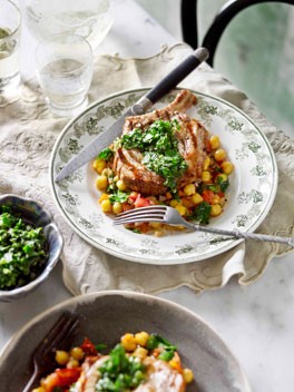 Rare-breed pork with chickpeas in zimino and salsa verde