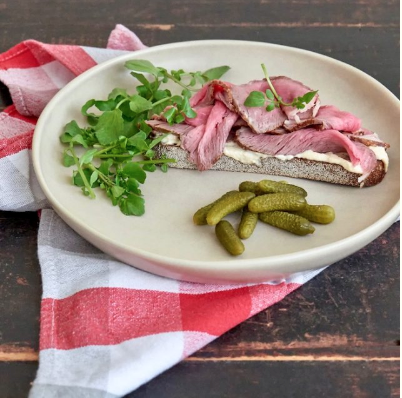 Rare roast beef sandwich