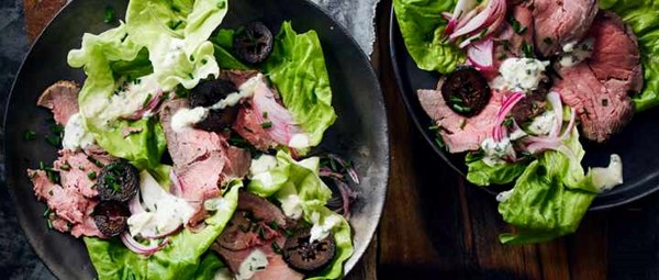 Rare roast beef with horseradish dressing and pickled walnuts