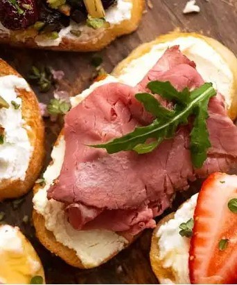 Rare roast beef with hot English mustard crostini 