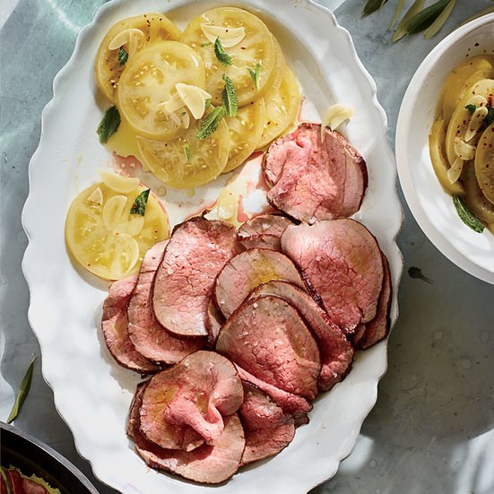 Rare roast beef with pickled green tomatoes