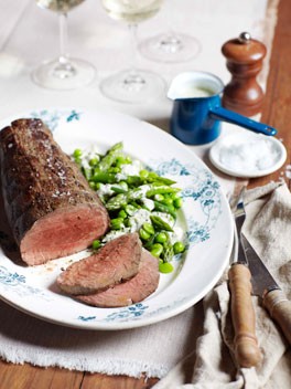 Rare roast beef with spring greens and green goddess dressing