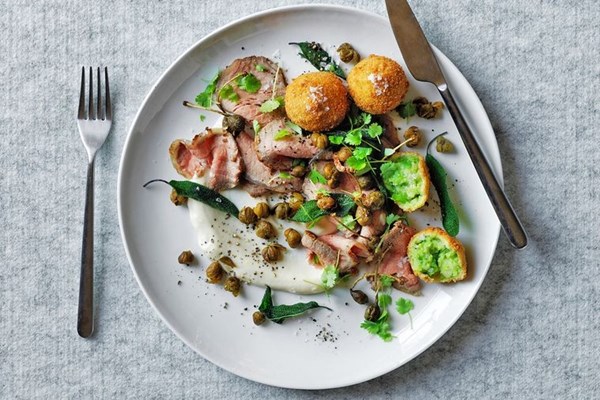 Rare roast vitello tonnato with pea & potato croquettes