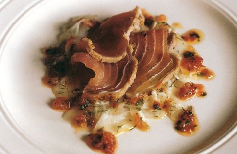 Rare seared tuna with shaved fennel salad