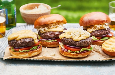 Rarebit & sauerkraut burgers