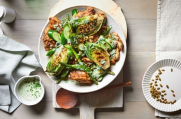 Ras el hanout chicken with pickled cucumbers and creamy green goddess dressing