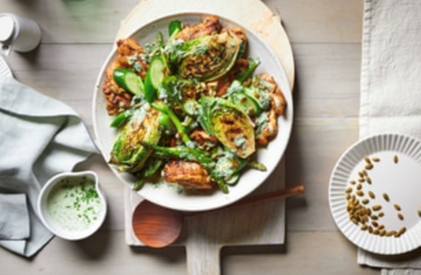 Ras el hanout chicken with pickled cucumbers and green goddess dressing