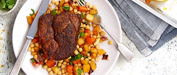 Ras el hanout crusted lamb steaks with roasted roots