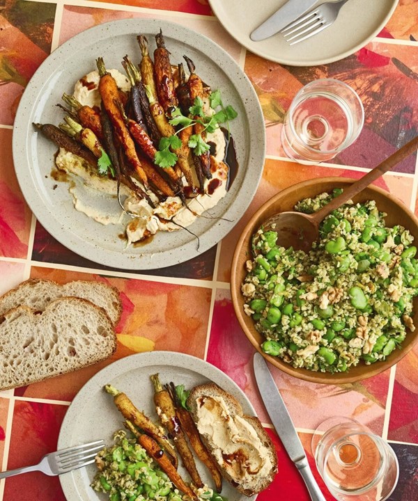 Ras el hanout-roasted carrots on whipped ricotta with a freekeh & broad bean salad