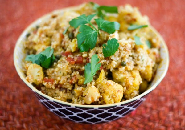Ras el hanout spiced cauliflower with tomato, beans and couscous