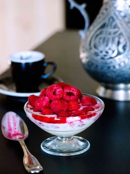 Raspberries, chewy ice-cream, and rosewater and grappa consommé
