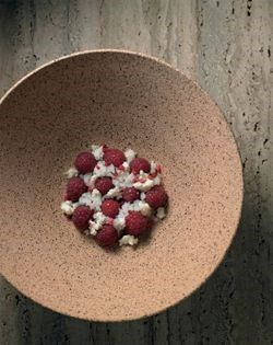 Raspberries, fig-leaf cheese and ice