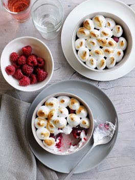 Raspberries with eucalyptus meringue