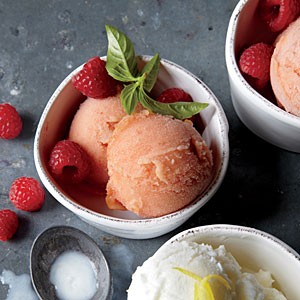 Raspberries with peach-basil sorbet