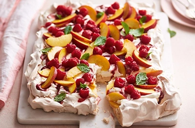 Raspberry & nectarine sheet Pavlova