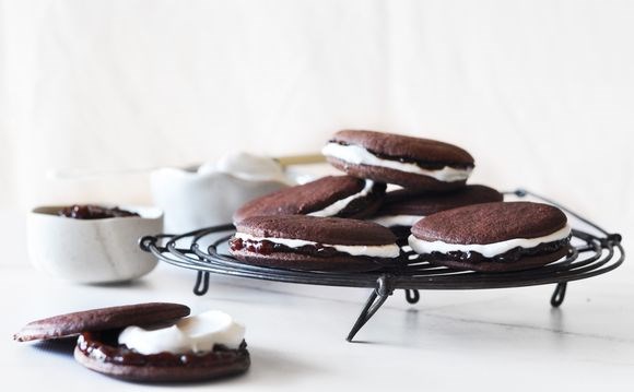 Raspberry & pomegranate jam, coconut & bitter chocolate biscuits