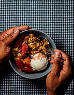 Raspberry + stone fruit crisp