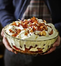 Raspberry and Amaretto trifle with salted caramelised almonds