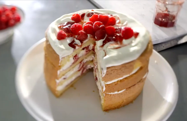 Raspberry and cream layered sponge cake