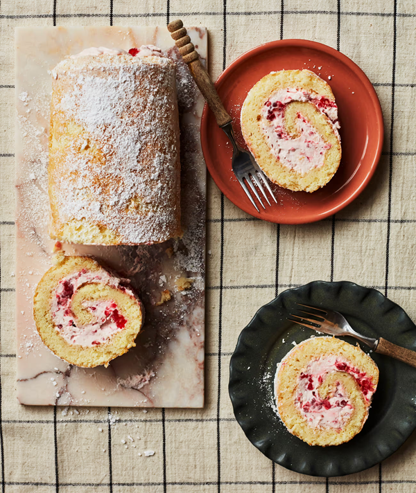 Raspberry and limoncello Swiss roll