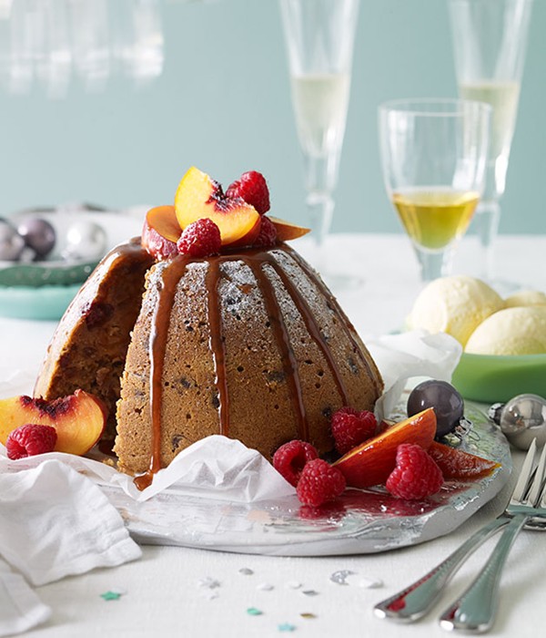 Raspberry and peach butterscotch pudding