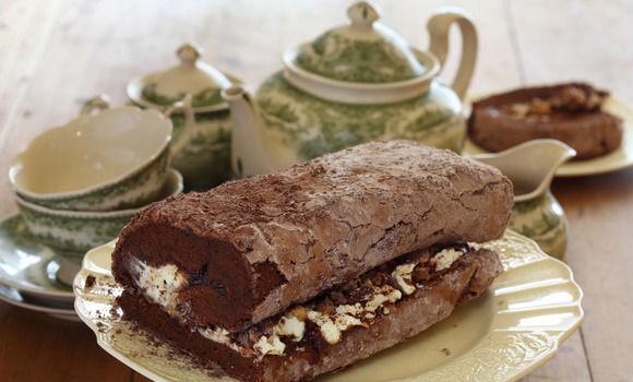 Raspberry and pomegranate chocolate roulade