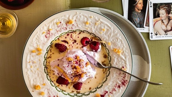 Raspberry and preserved lemon îles flottantes