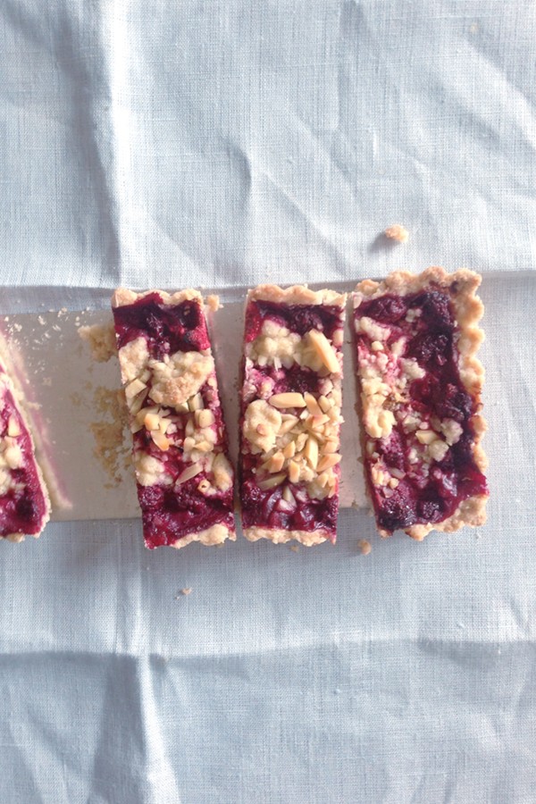 Raspberry and rhubarb crumb tart
