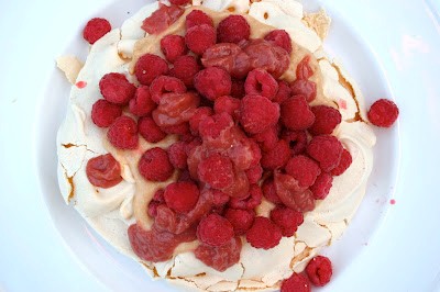 Raspberry and rhubarb curd Pavlova