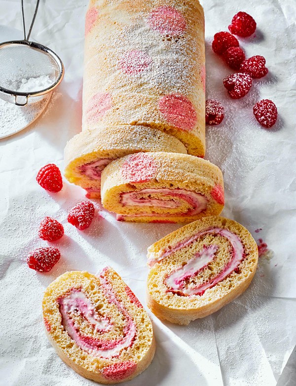 Raspberry and rhubarb Swiss roll